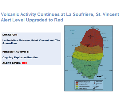 On 29th December 2020 the alert level for the La Soufrière volcano in St Vincent and the Grenadines was elevated to Orange because of increased activity at the site. The volcano has had an effusive eruption, with visible gas and steam eruption and the for