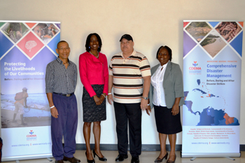 NCCR Team  with Elizabeth Riley, Deputy Executive Director (2nd Left ) at the CDEMA Headquarters and Regional Training Centre. (L-R)-Max OOft, Policy Officer, Consultant, Colonel Jerry Slijngard, Coordinator, and Dulci Duurham, Office Manager