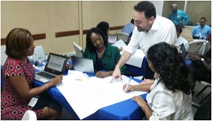CDEMA CU Staff members at the Risk Analysis training held at IMPACS, Trinidad. L-R Donna Pierre, Elizabeth Riley, Chris Pallaris (Instructor) and Joanne Persad.