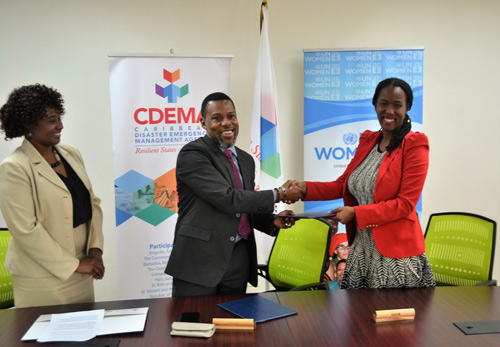 L-R: Andria Grosvenor, Planning and Business Development Manager, CDEMA; Ronald Jackson, Executive Director of CDEMA and Tonni Brodber, of UN Women during the signing of the MoU at the CDEMA Headquarters in St. Michael Barbados
