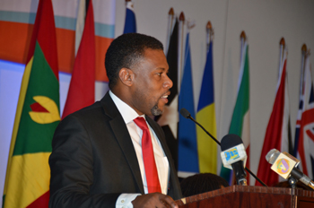 Executive Director, Caribbean Disaster Emergency Management Agency addresses participants of the official opening of the 8th Annual Caribbean Conference on Comprehensive Disaster Management, Monday December 3, 2013 at the Hilton Rose Hall Resort and Spa