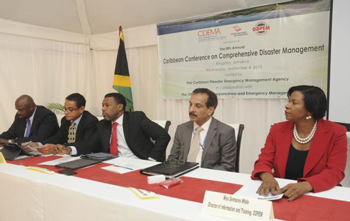 Director General (Ag) of the ODPEM, Richard Thompson, The Honorable Noel Arscott, Minister of Local Government &Community Development, Executive Director, CDEMA, Ronald Jackson, United Nations Resident Coordinator and Resident Representative of the United Nations Development Programme Dr. Arun Kashyap and Director of Information and Training, ODPEM, Delmares White at the launch of the 8th Annual Caribbean Conference on Comprehensive Disaster Management, Spanish Court Hotel in Jamaica on Wednesday, September 4, 2013