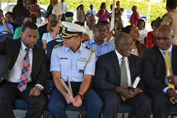 1.	Sitting in the front  row at the CDEMA groundbreaking ceremony for the new headquarters , (from left) Ronald Jackson, Executive Director ,  CDEMA, Commander Long, Senior Defence Attache , US Embassy, Barbados, Reverend Wood, Pastor Emmanuel Baptist Church, and Attorney General and Home Affairs Minister Adriel Brathwaite  