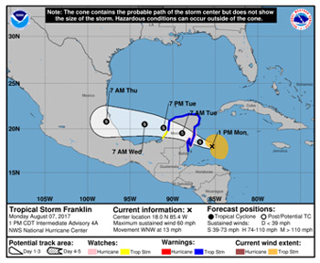 Tropical Storm Franklin forecast track, August 7, 2017 - NHC