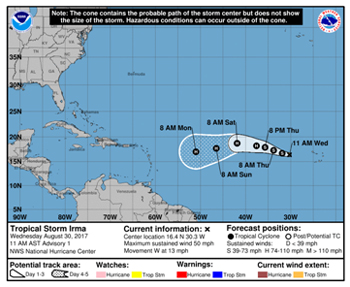 Tropical Storm Irma forecast track, August 30, 2017 - NHC